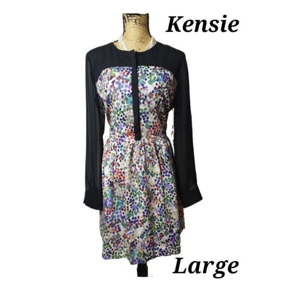 Women's Dress Sheer Sleeves Black Multi-Color Floral Versatile Dress Large NWT
